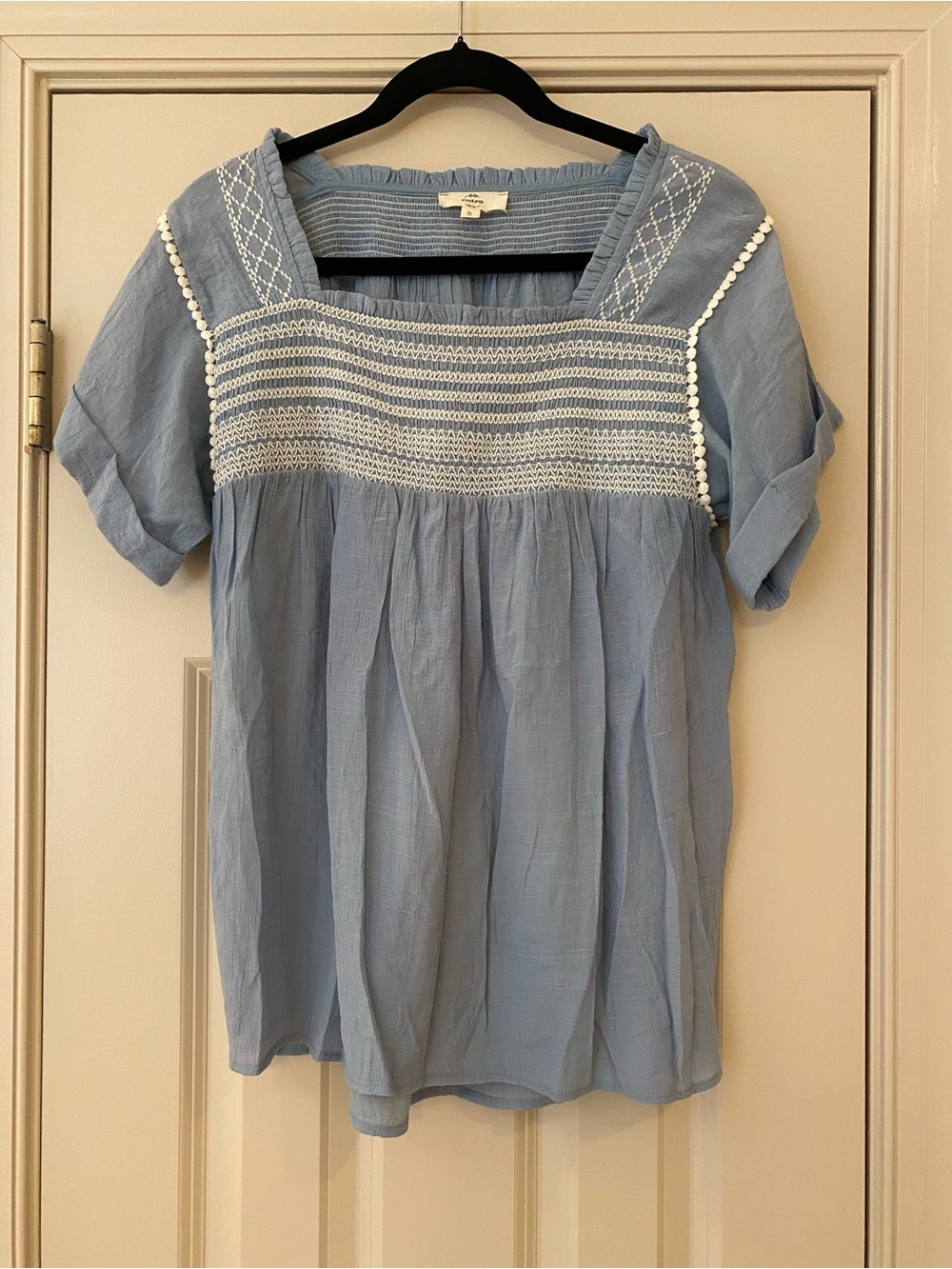 entro Small Light Blue Smocked Square-Neck Blouse with White Trim